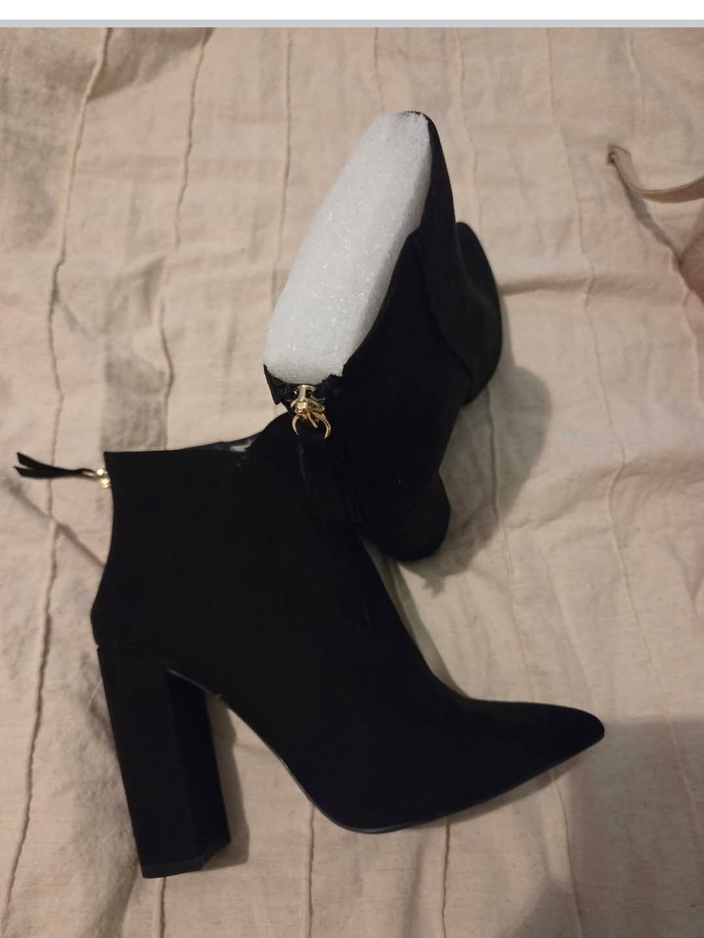 Women's Black Suede Pointed Toe Block Heel Ankle Boots